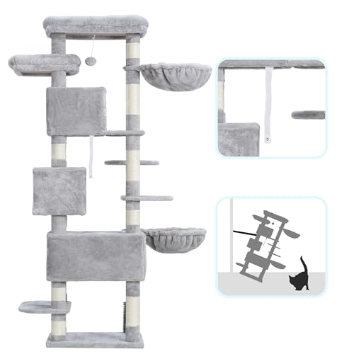 Light Gray 74 inches Multi-Level XL Cat Tree with Three Cat Condos and Two Top Decks G81476