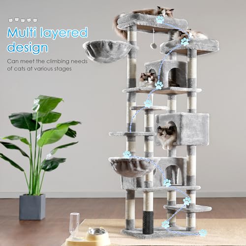 Light Gray 74 inches Multi-Level XL Cat Tree with Three Cat Condos and Two Top Decks G81476