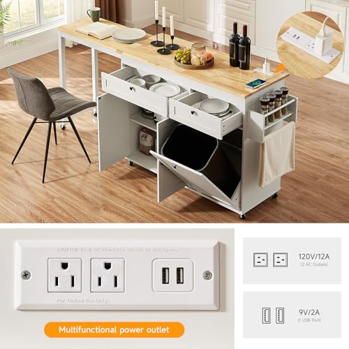 White Mobile Kitchen Island with Extendable Dining Table T317