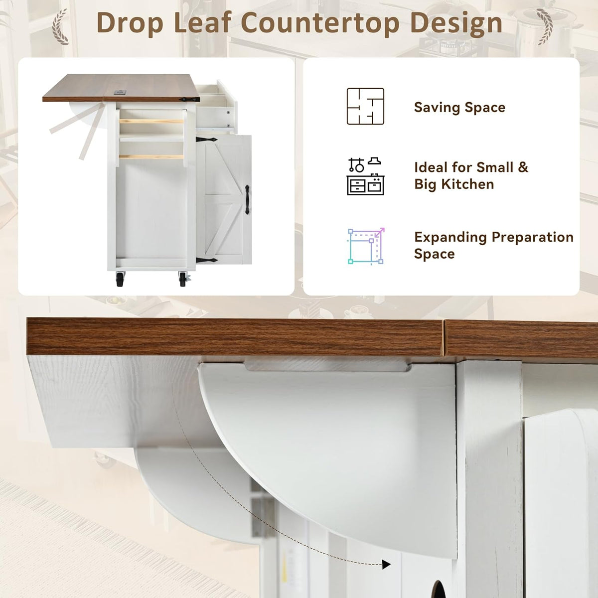 White Kitchen Island with Power Outlet and Drop Leaf V651371