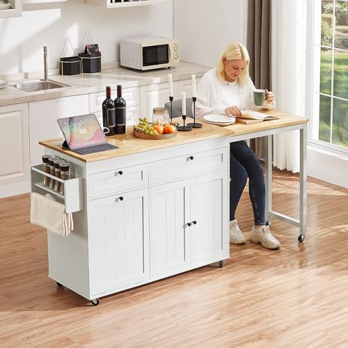 White Mobile Kitchen Island with Extendable Dining Table T317
