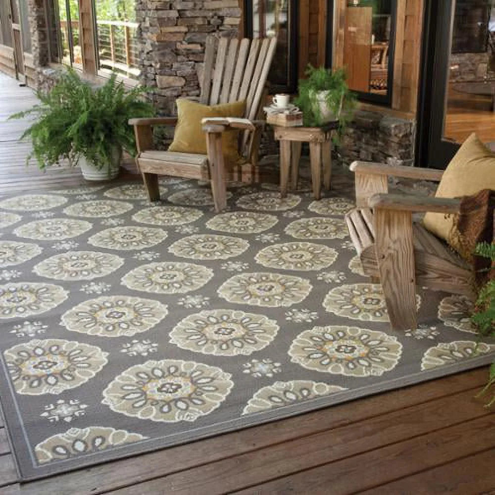 Grey Gold Floral Indoor Outdoor Area Rug 6'7" x 9'6" C977688