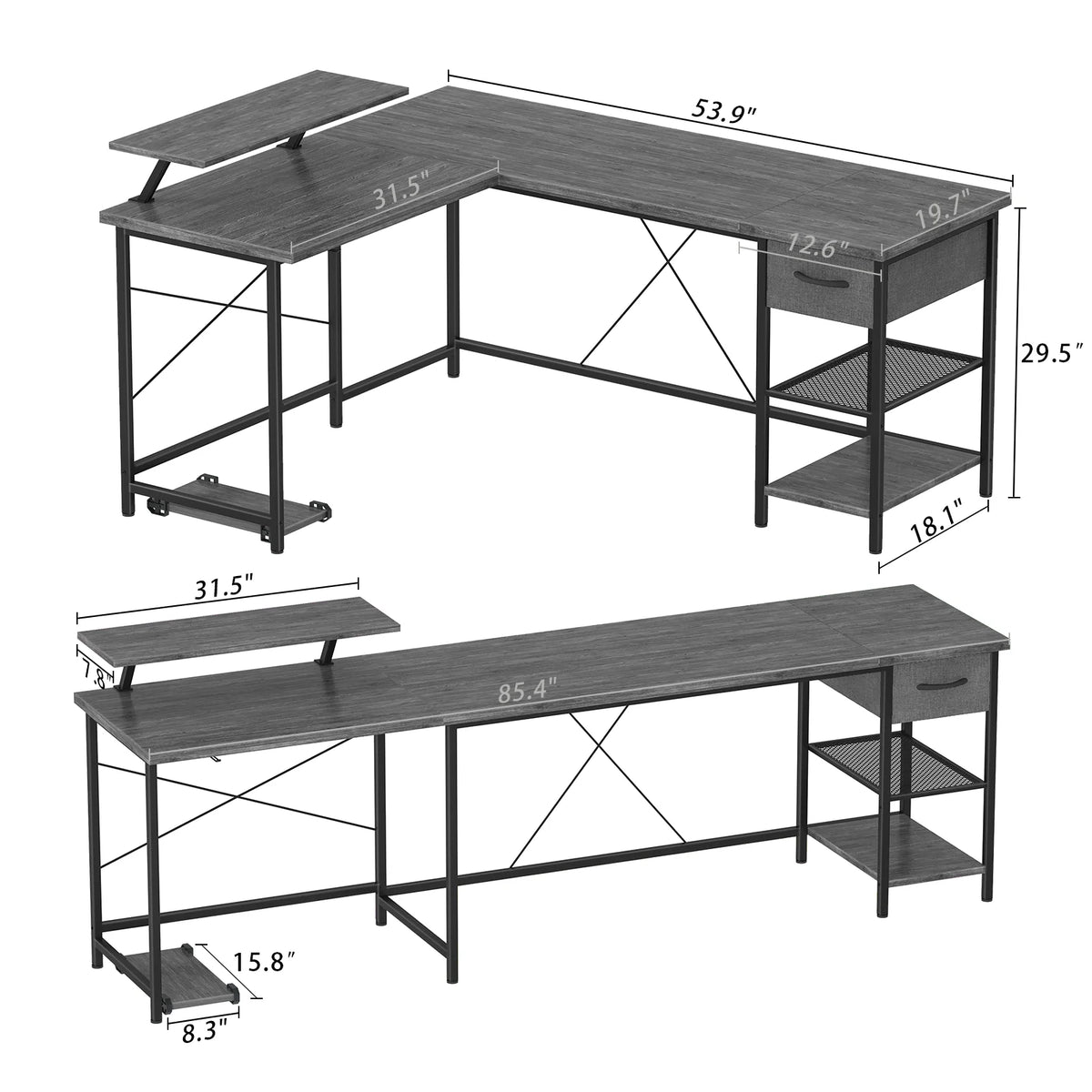 L Shaped Grey Computer Desk with Monitor Stand W4975