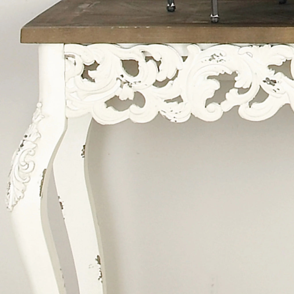 46" x 30" White Wood Carved Console Table with Brown Wood Top T905284