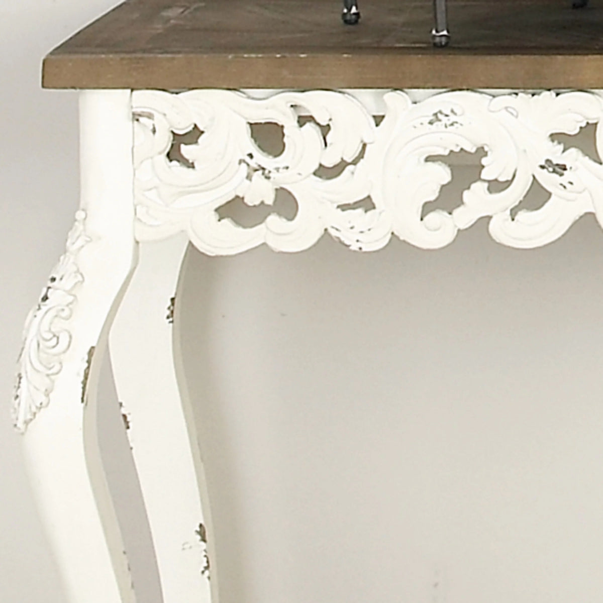 46" x 30" White Wood Carved Console Table with Brown Wood Top T905284