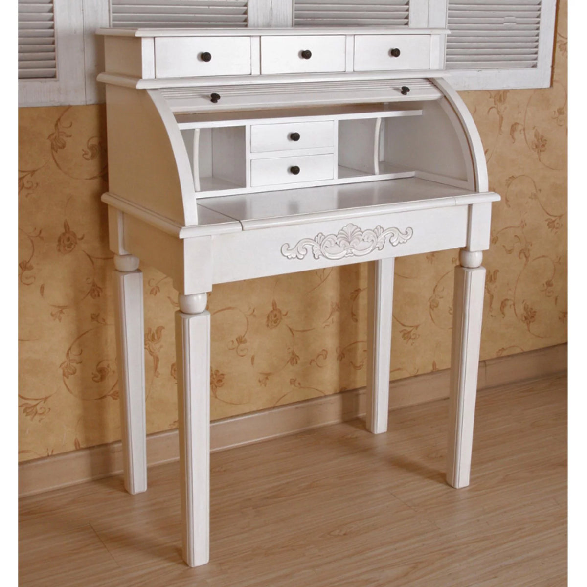 Antique White Hand-Carved 3-Drawer Roll Top Desk G418
