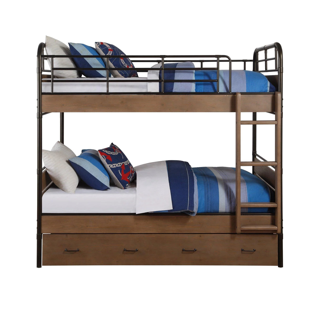 Antique Oak & Gunmetal Twin Bunk Bed & Trundle V605709