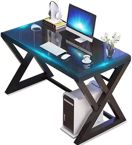 55.1'' Glass Top Metal Frame Computer Desk with Bookshelf W877