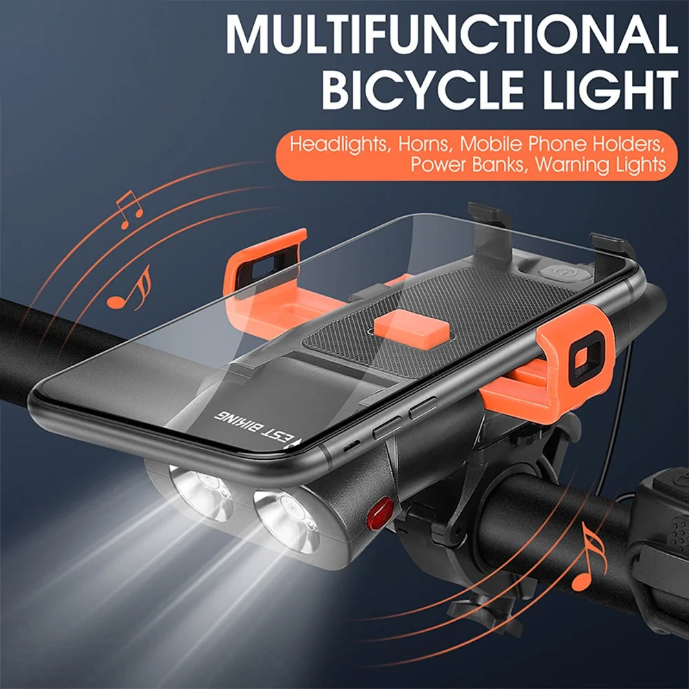 5in1 Bike Front Bracket Lamp Horn Mobilephone Holder Warning Bell Powerbanks USB Rechargeable Cycling Accessories N922