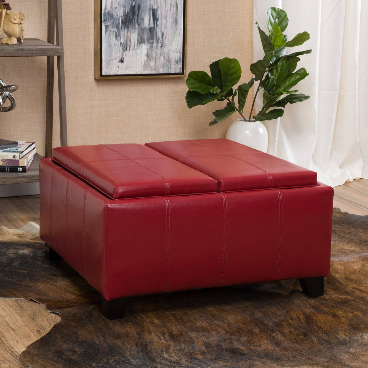 Red Leather Storage Ottoman L580