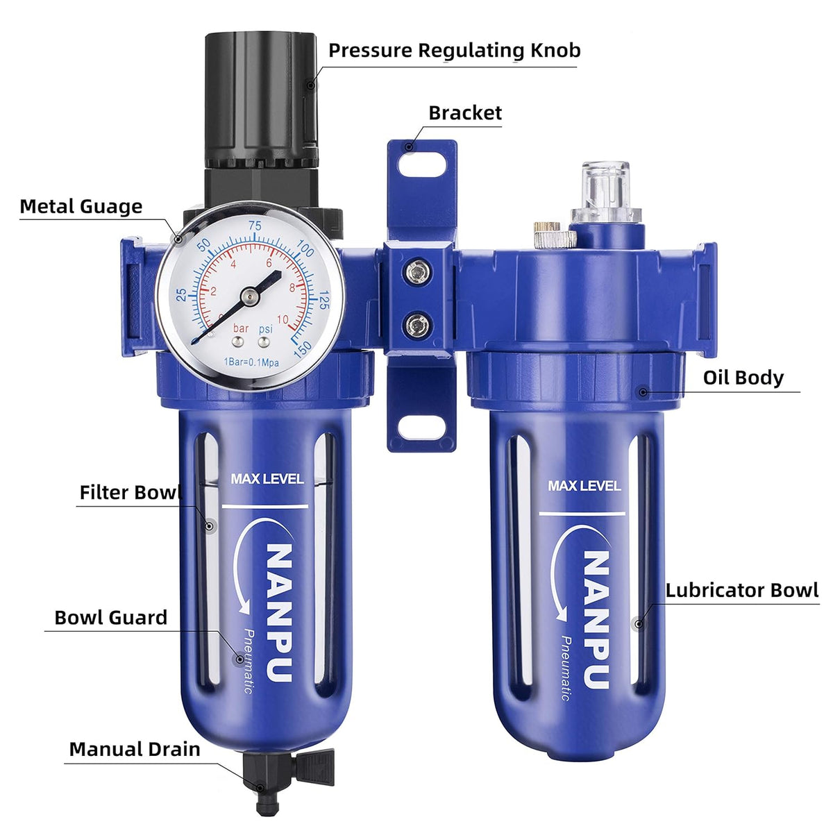 Compressed Air Filter Regulator Lubricator, Zinc Alloy, 5 Micron Brass Element, 0-150 psi Gauge Z977721