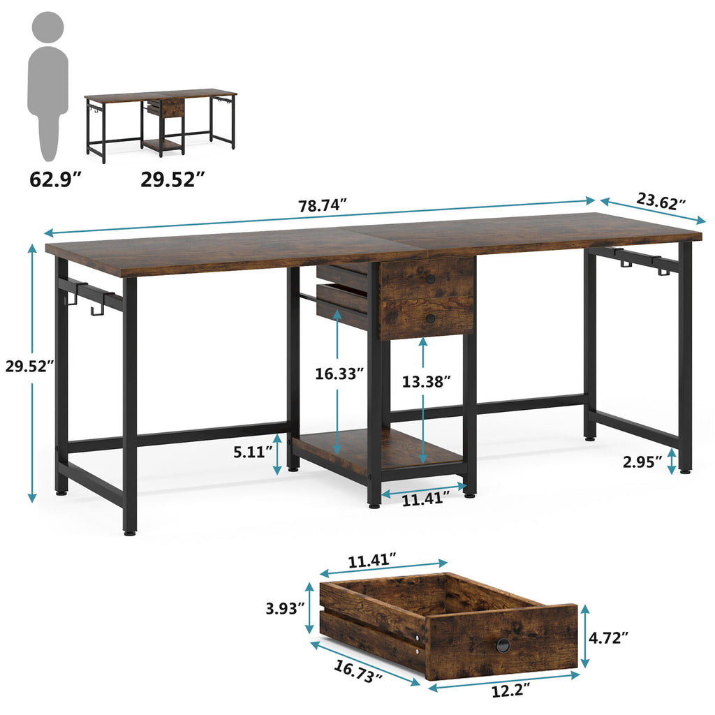 78 Inch Double Working Desk with 2 Drawers and Shelf Q581