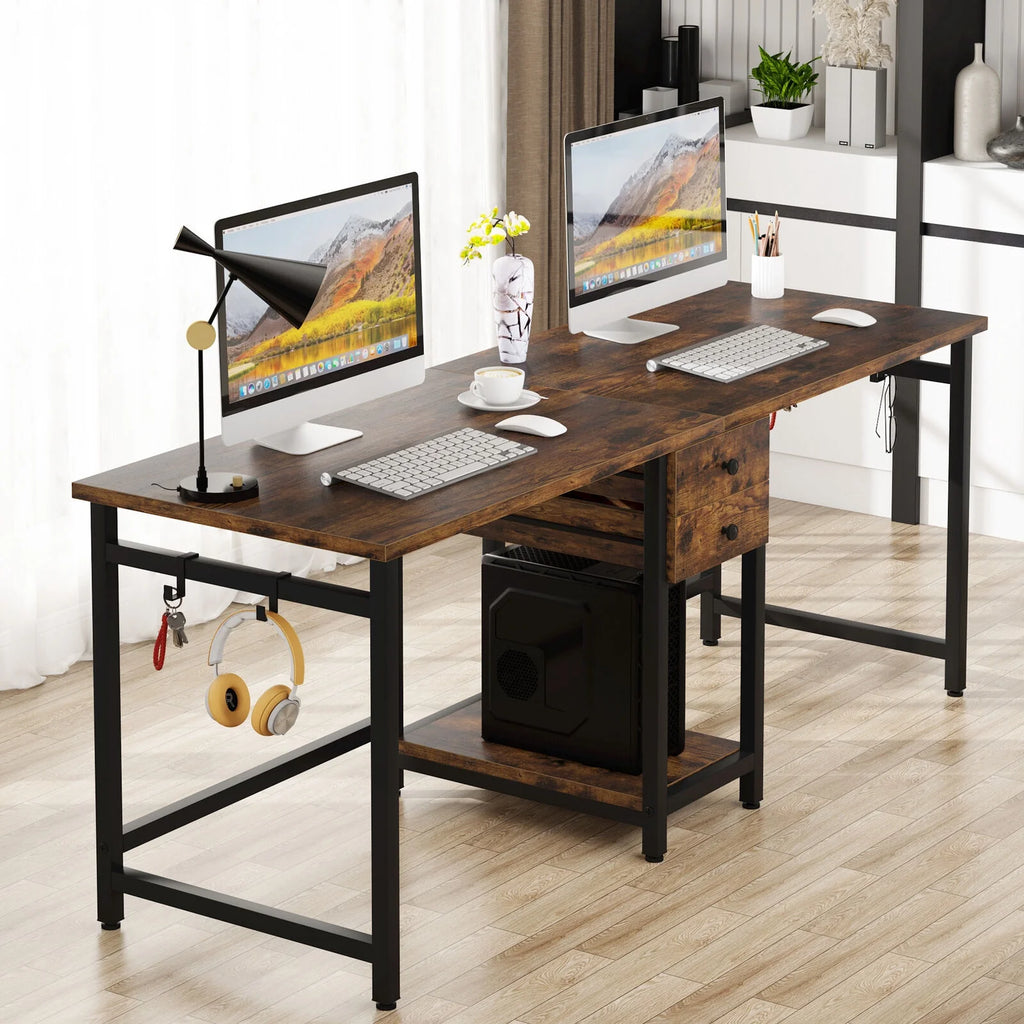 78 Inch Double Working Desk with 2 Drawers and Shelf Q581