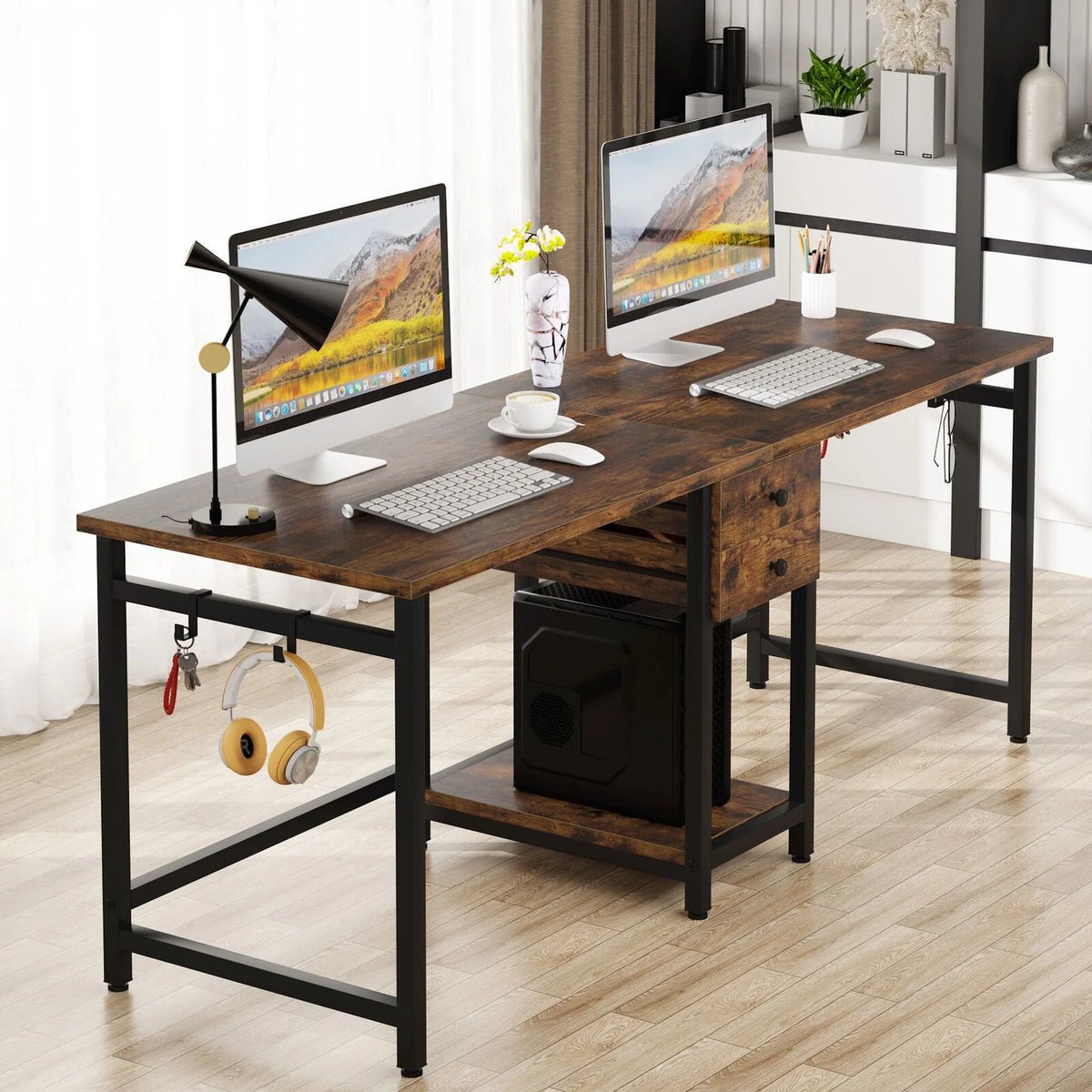 78 Inch Double Working Desk with 2 Drawers and Shelf Q581