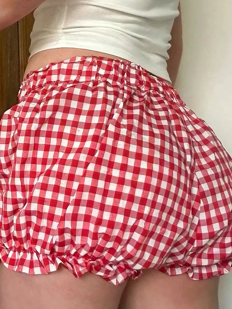 Retro Red Checked Ribbon Bubble Shorts D95957