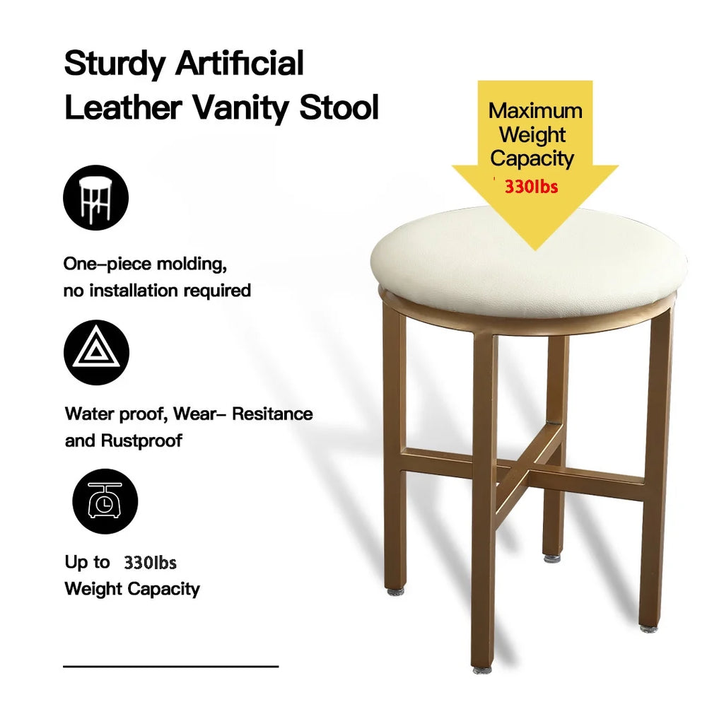 Round Faux Leather Vanity Stool with Metal Leg Q5807