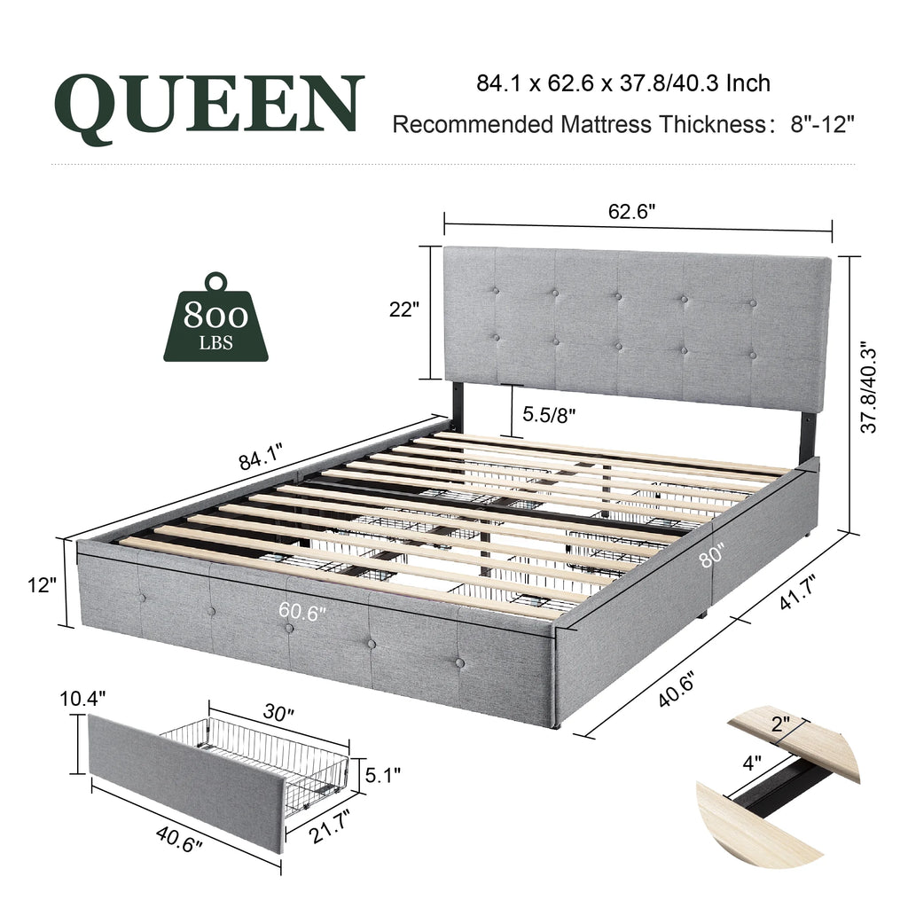 Queen Size Platform Bed Frame with Headboard and 4 Storage Drawers C73756