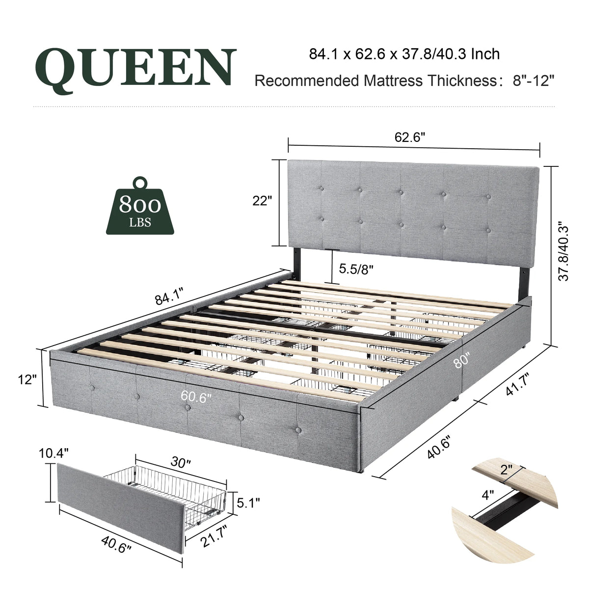 Queen Size Platform Bed Frame with Headboard and 4 Storage Drawers C73756