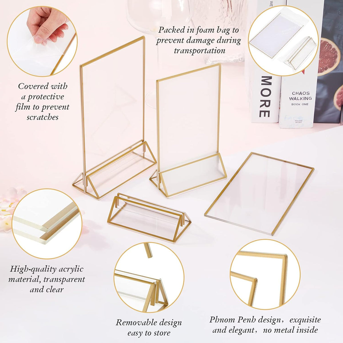 16 Pc Gold Rimmed Clear Acrylic Table Sign Holders, Double Sided Frame with Vertical Stand, 4 x 6 Inch, Pack of 2 R102844