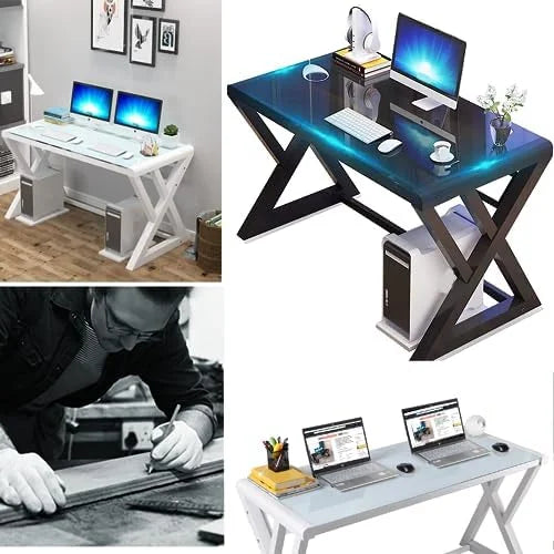 55.1'' Glass Top Metal Frame Computer Desk with Bookshelf W877