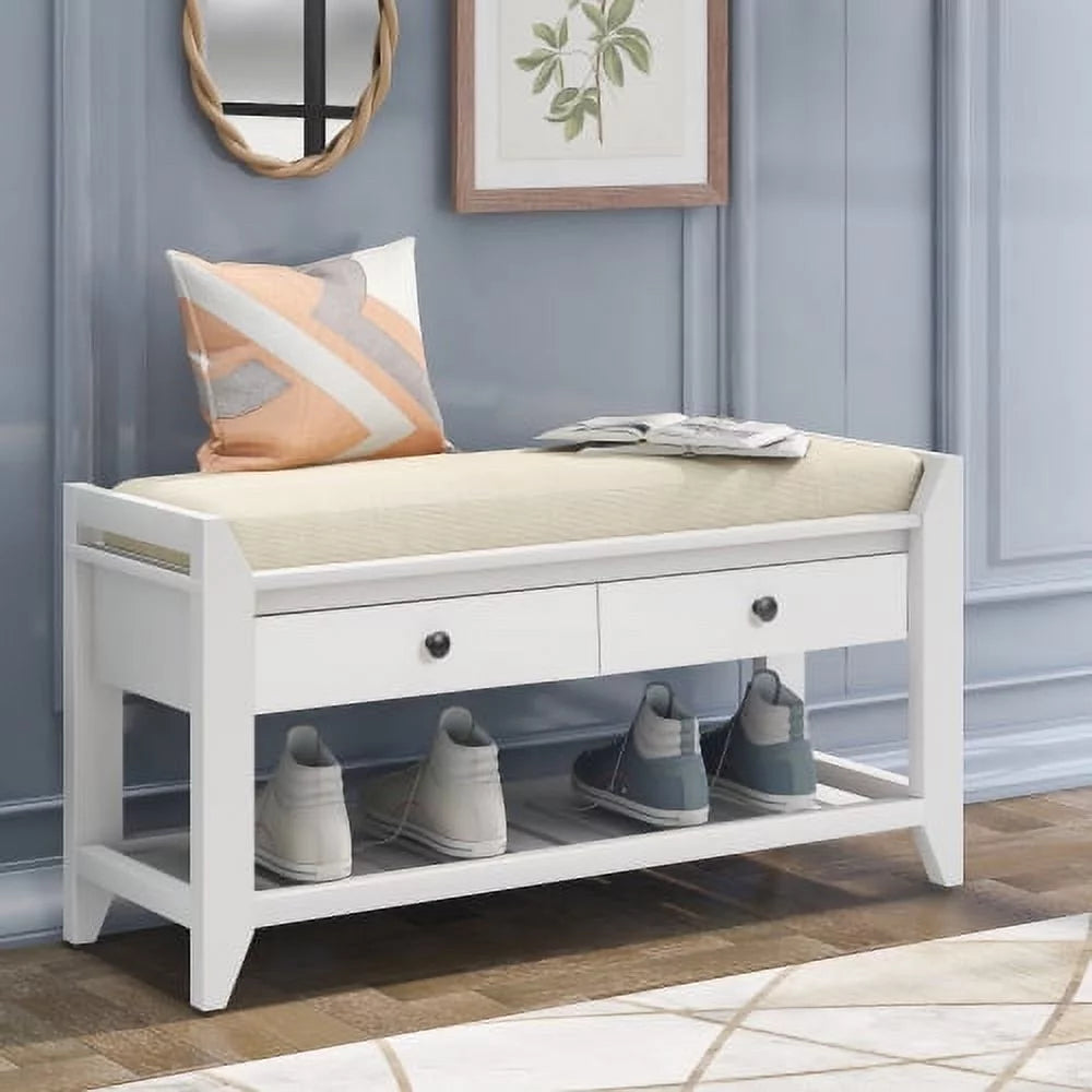 White Shoe Rack with Cushioned Seat and Drawers D99367