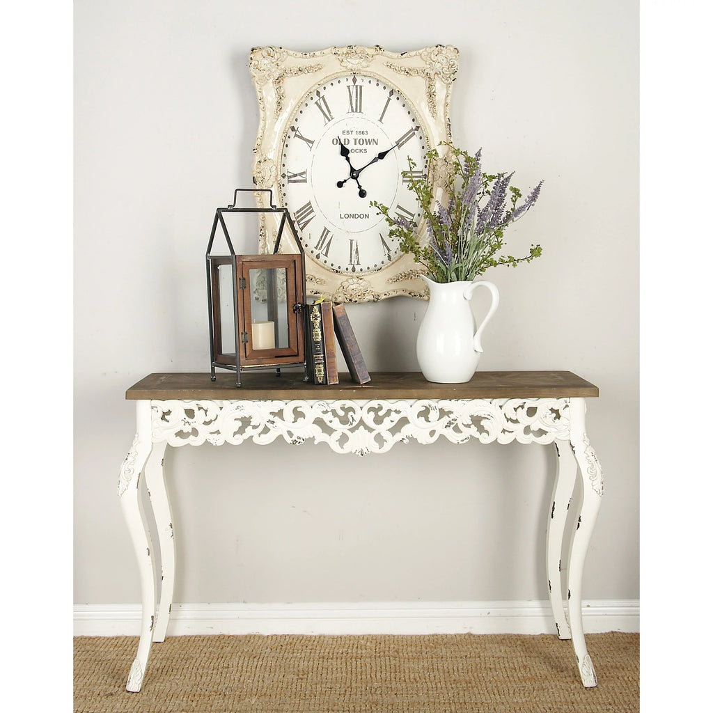 46" x 30" White Wood Carved Console Table with Brown Wood Top T905284