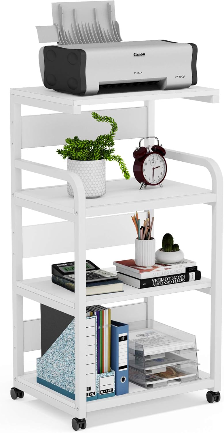 Rustic Brown 4-Shelf Mobile Printer Stand with Storage Shelves on Wheels B699450