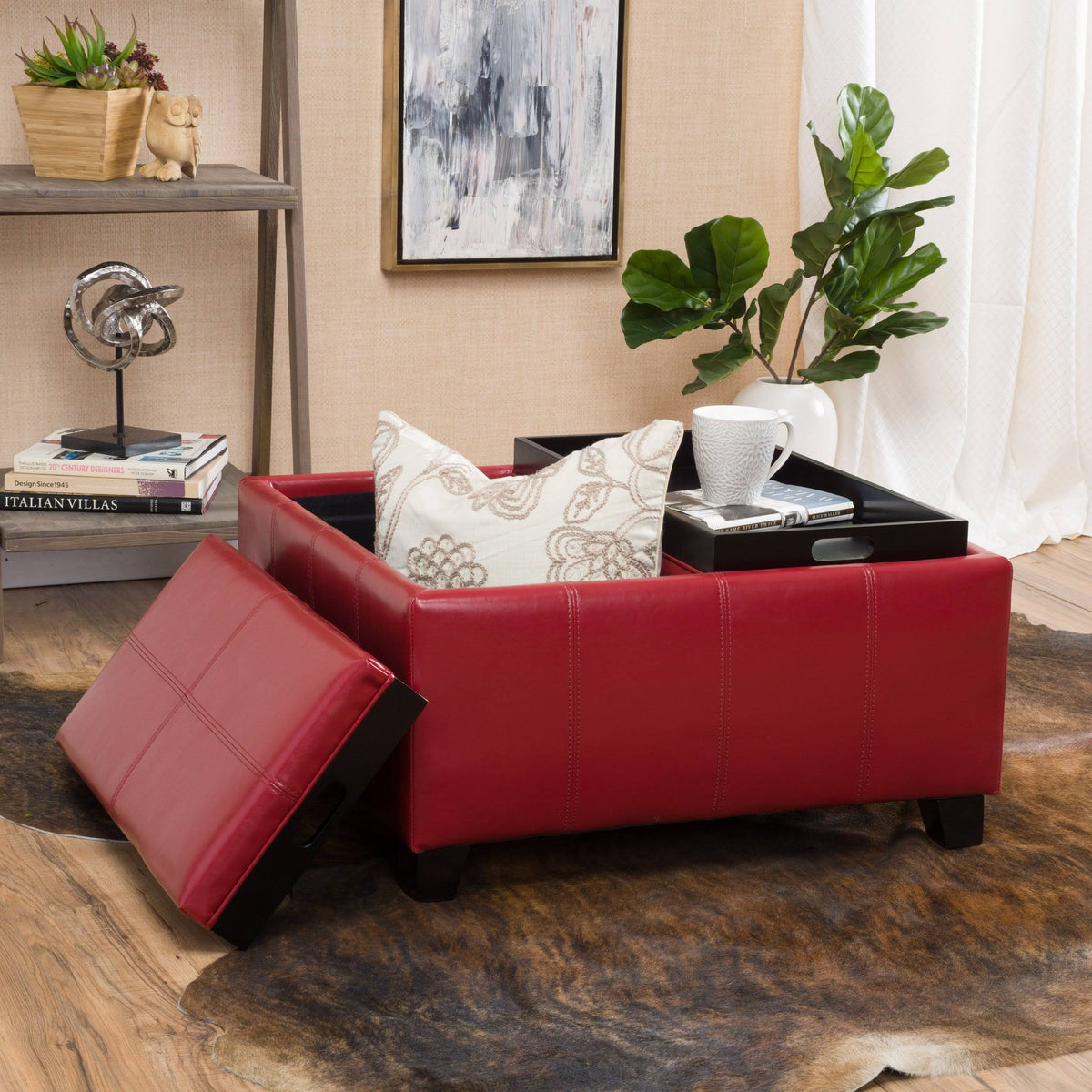 Red Leather Storage Ottoman L580