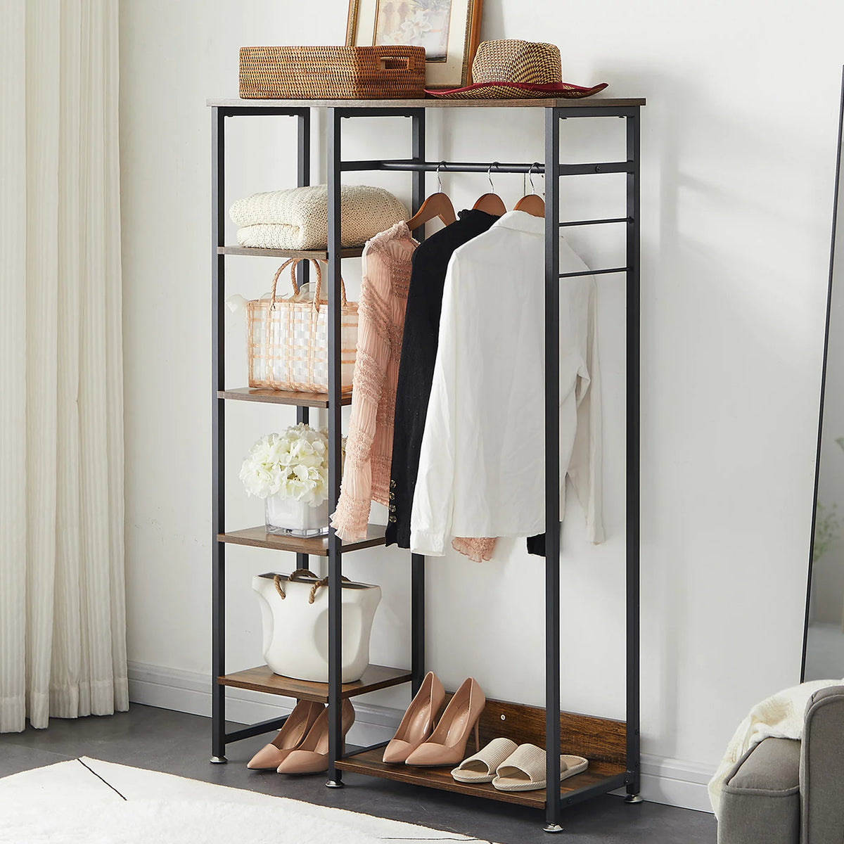 Brown Metal Clothes Rack with Wood Storage Shelves T3944