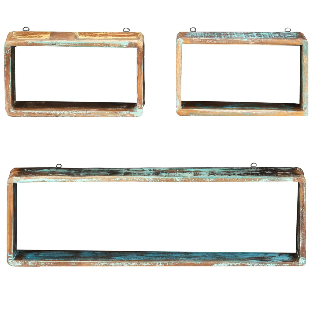 3 Piece Solid Reclaimed Wood Wall Cube Shelf Set J912