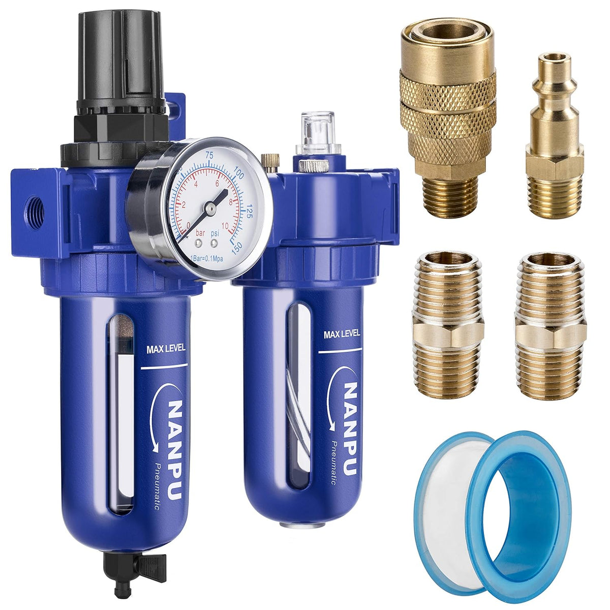 Compressed Air Filter Regulator Lubricator, Zinc Alloy, 5 Micron Brass Element, 0-150 psi Gauge Z977721