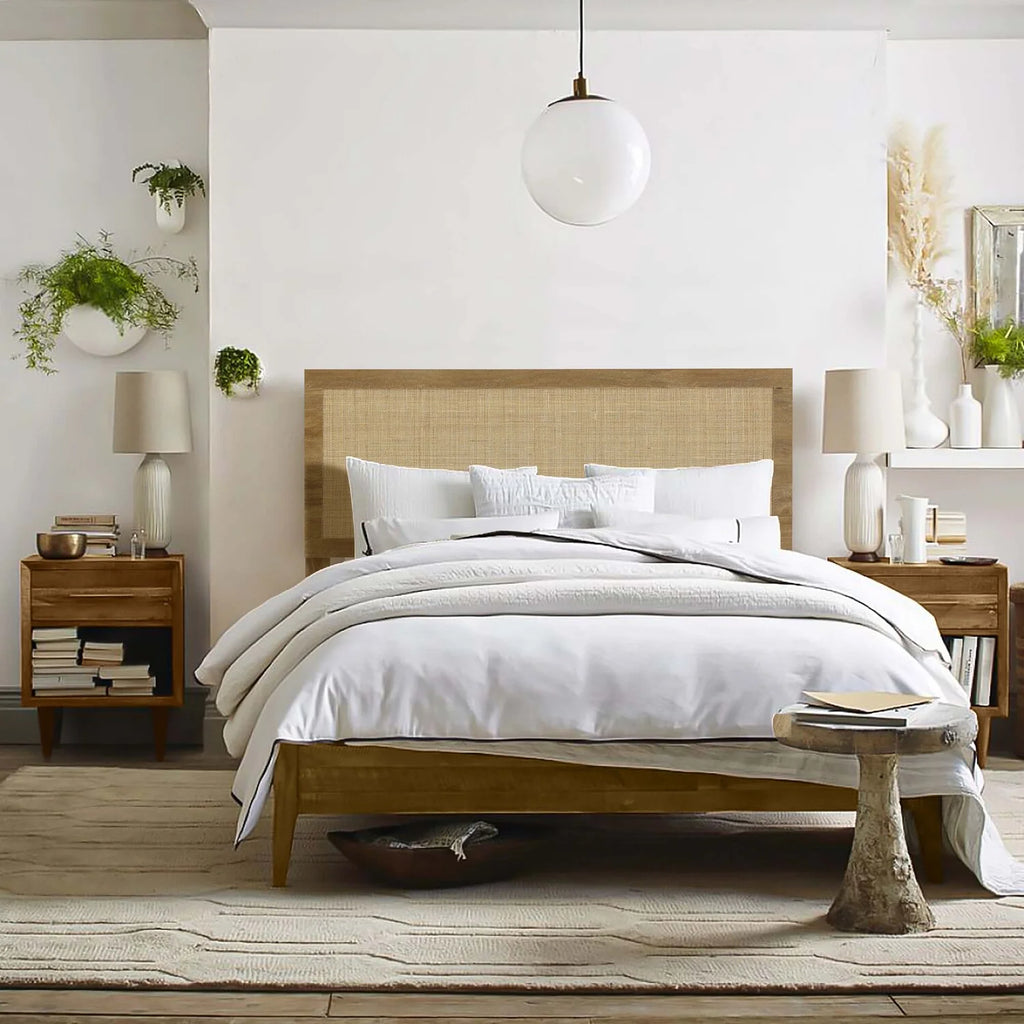 Oak Finish Manufactured Wood Rattan Panel Queen Headboard Z9693