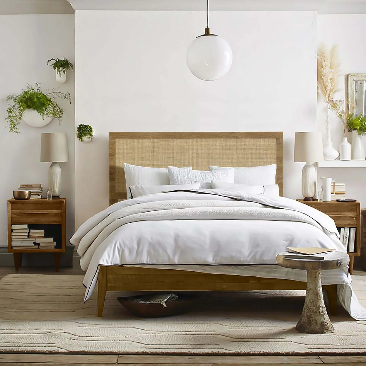 Oak Finish Manufactured Wood Rattan Panel Queen Headboard Z9693