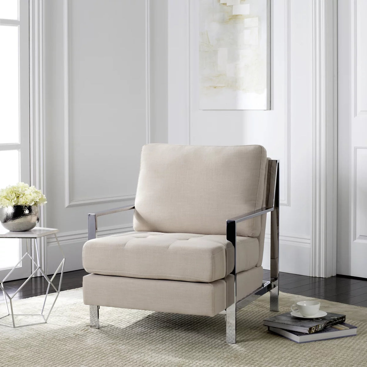 Beige Tufted Linen Accent Chair O4182