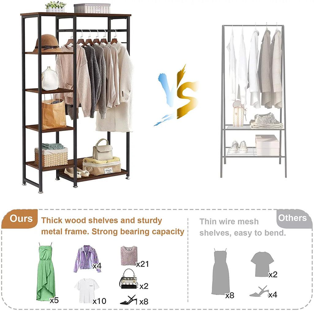 Brown Metal Clothes Rack with Wood Storage Shelves T3944