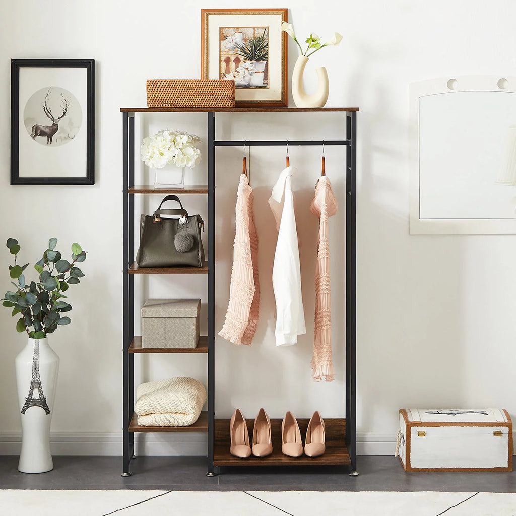 Brown Metal Clothes Rack with Wood Storage Shelves T3944