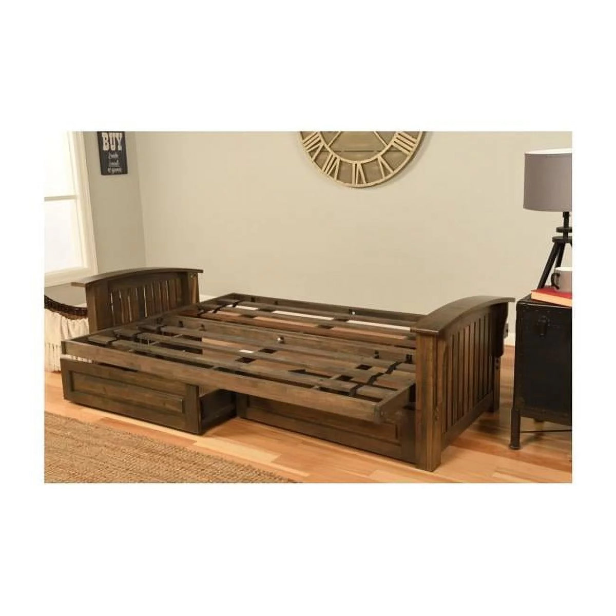 Walnut Full Size Futon Frame with Aqua Mattress and Storage Drawers A92970