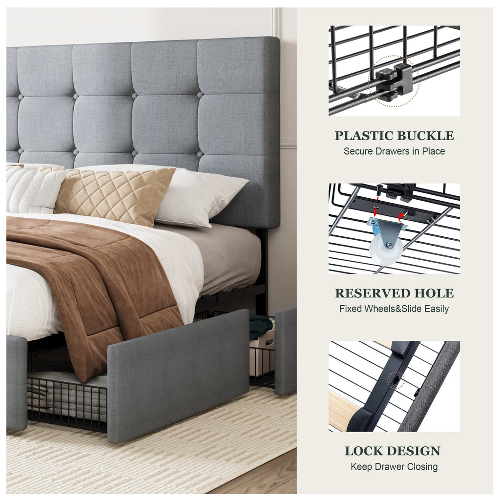 Queen Size Platform Bed Frame with Headboard and 4 Storage Drawers C73756